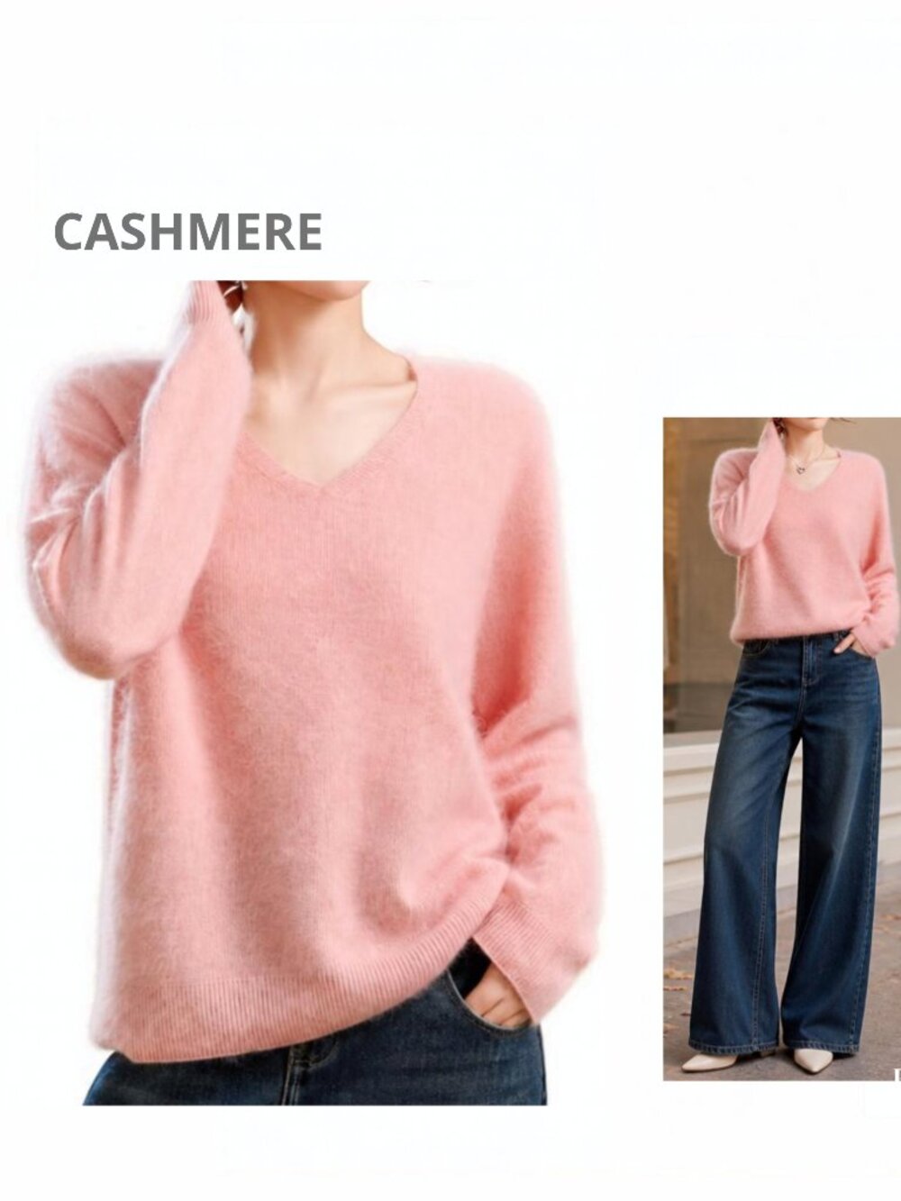 New NWOT Pink V-Neck Cashmere Wool Sweater L